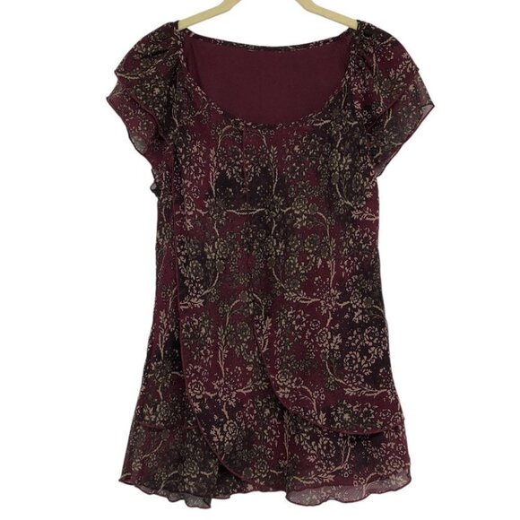 Tops - Burgundy Floral Chiffon flowy tunic scoop neck Short Sleeve Blouse size ~M